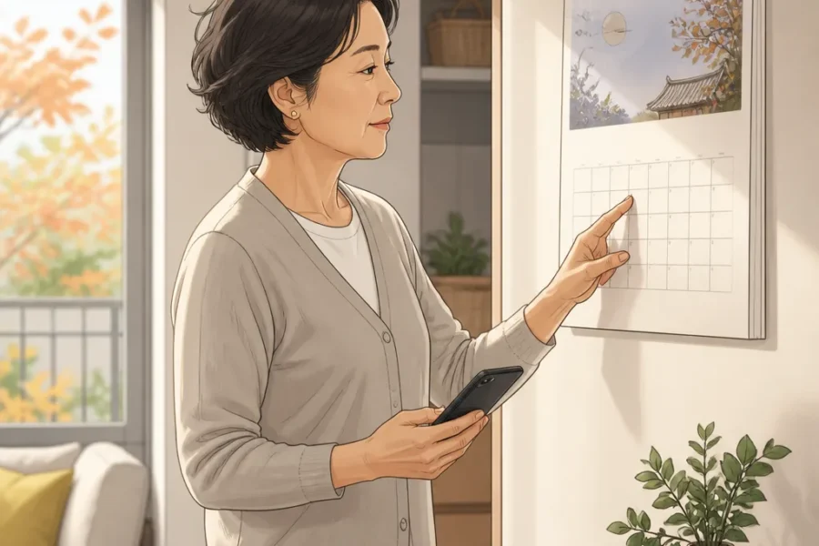 추석 전 집에서 달력과 휴대전화로 주택연금 선지급일을 확인하는 중장년 이용자