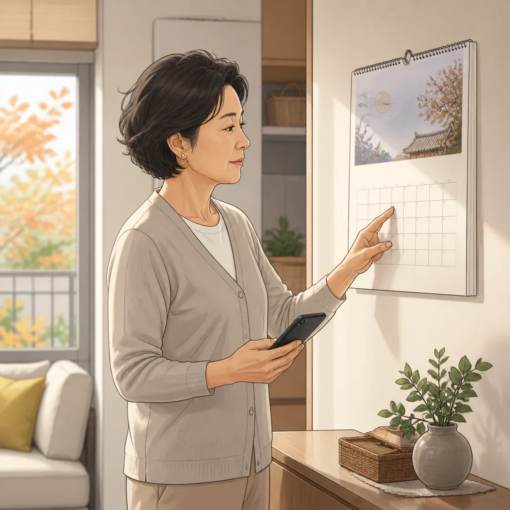 추석 전 집에서 달력과 휴대전화로 주택연금 선지급일을 확인하는 중장년 이용자