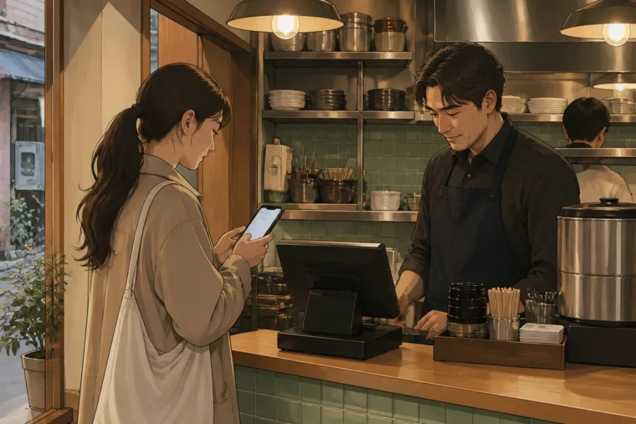 착한가격업소 매장에서 카드 결제 전 휴대전화로 할인 조건을 확인하는 이용자