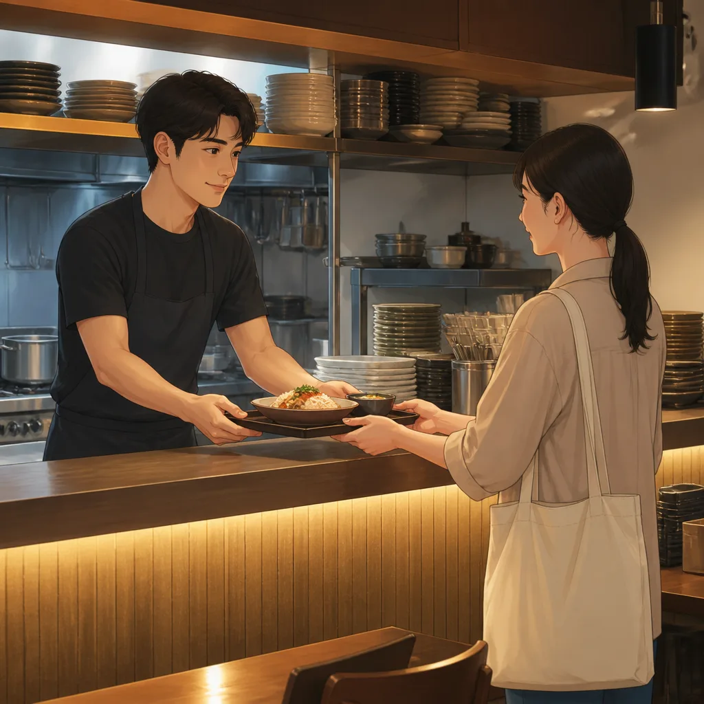 착한가격업소 매장에서 카드 결제 전 휴대전화로 할인 조건을 확인하는 이용자 핵심 내용 설명 일러스트