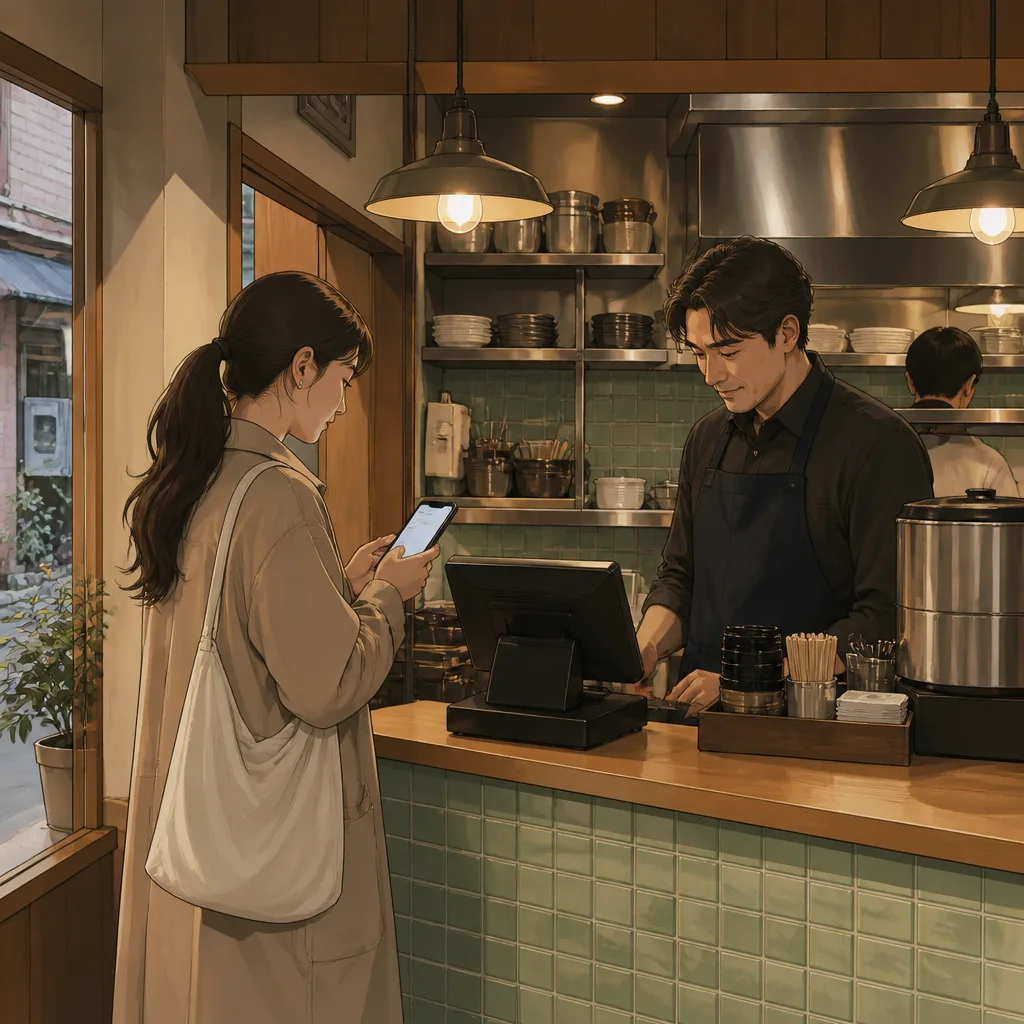 착한가격업소 매장에서 카드 결제 전 휴대전화로 할인 조건을 확인하는 이용자