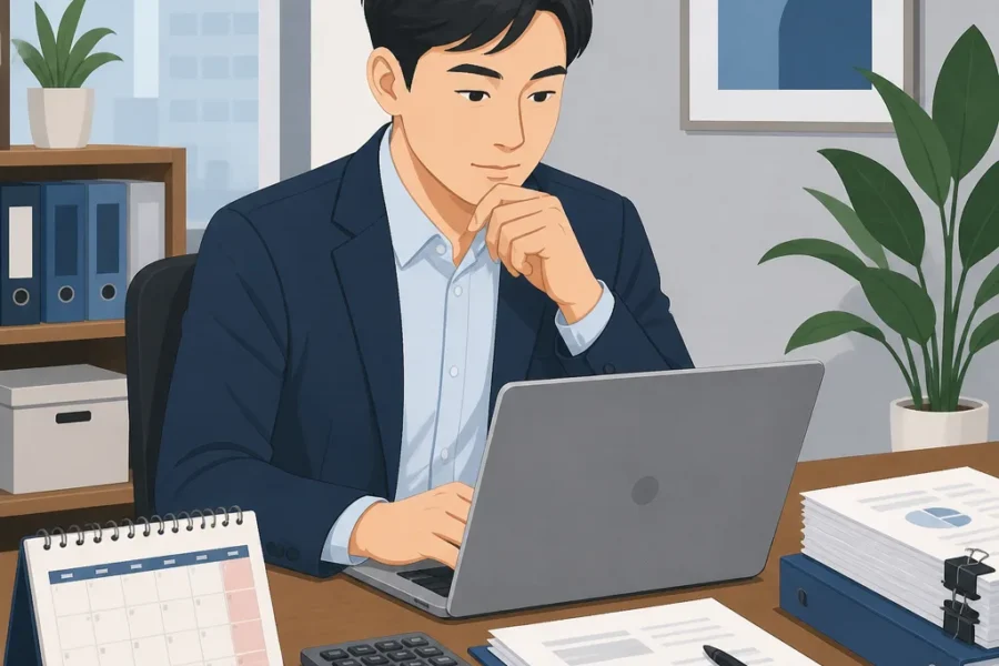 1월말 결산법인의 법인세 중간예납 신고를 준비하는 사무실 모습