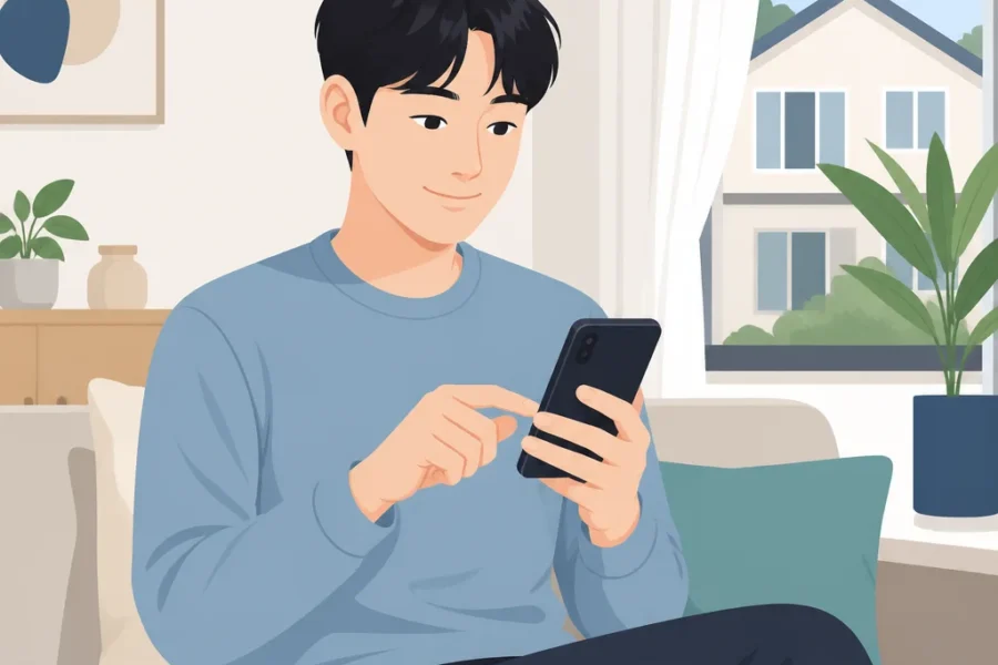 집에서 스마트폰으로 주민등록 사실조사 비대면 참여를 준비하는 모습