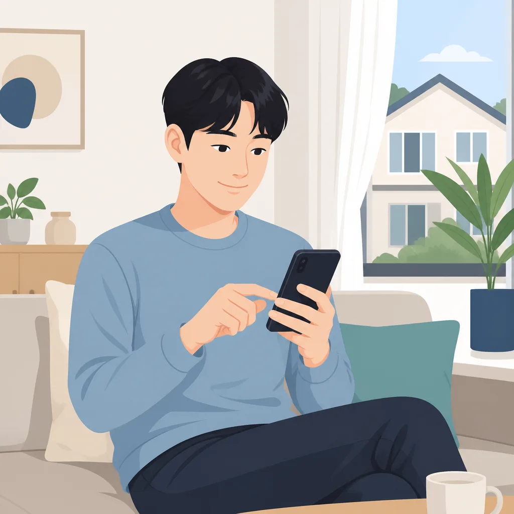 집에서 스마트폰으로 주민등록 사실조사 비대면 참여를 준비하는 모습