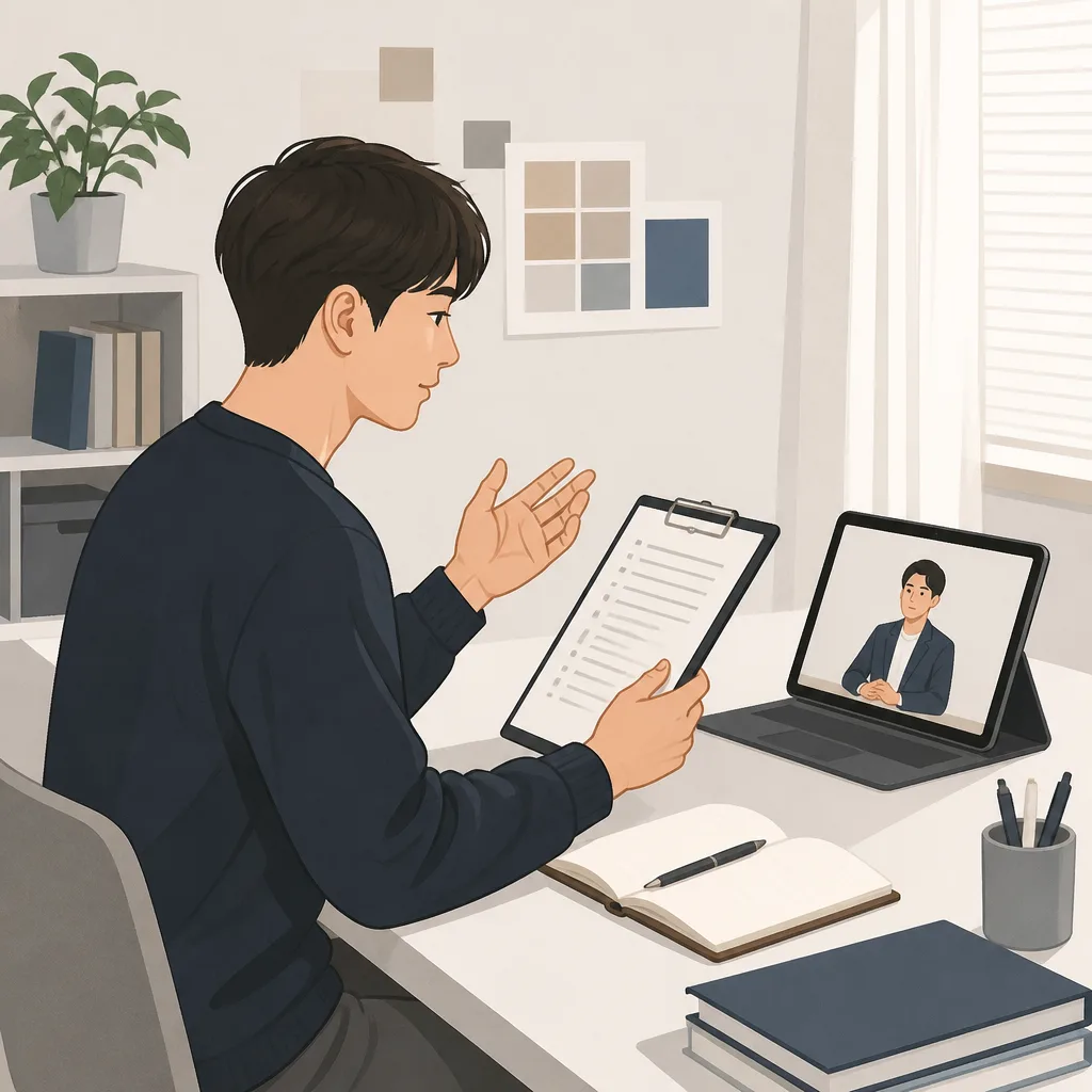 청년 취업 준비자가 진로와 면접 준비 자료를 정리하는 모습 핵심 내용 설명 일러스트