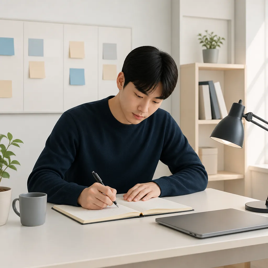 청년 구직자가 진로와 취업 준비 계획을 정리하는 모습 핵심 내용 설명 일러스트