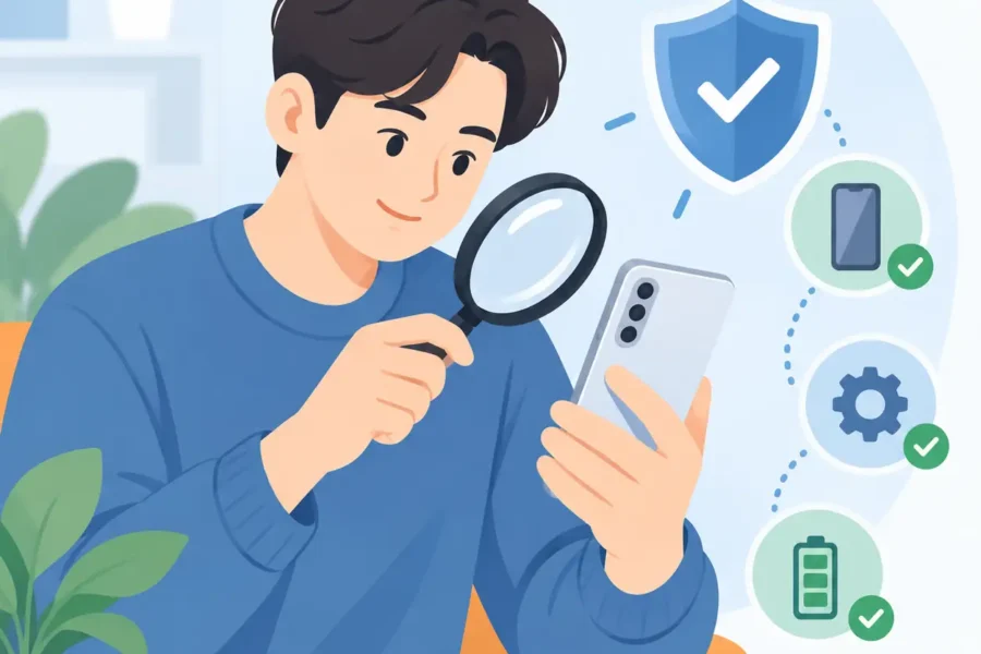 중고 스마트폰의 IMEI와 이용 가능 상태를 확인하는 장면의 2D 일러스트