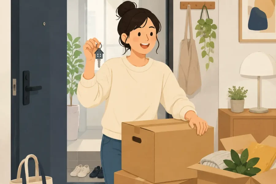 A resident with house keys and moving boxes at an apartment entrance, modern 2D editorial illustration without text.