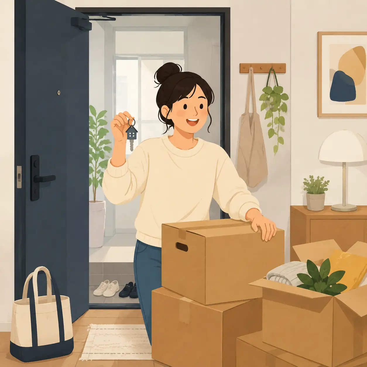 A resident with house keys and moving boxes at an apartment entrance, modern 2D editorial illustration without text.