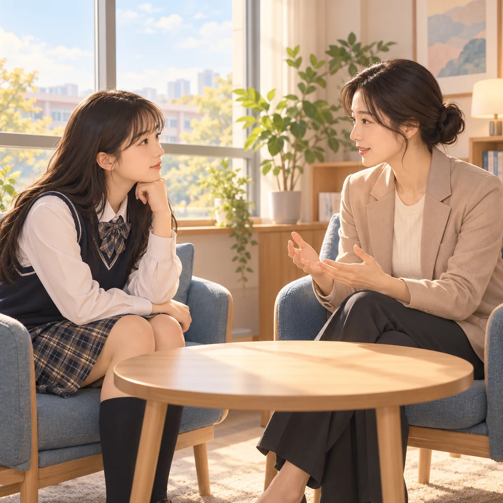 조용한 학교 상담 공간에서 학생과 교사가 진로에 관해 대화하는 개념 일러스트