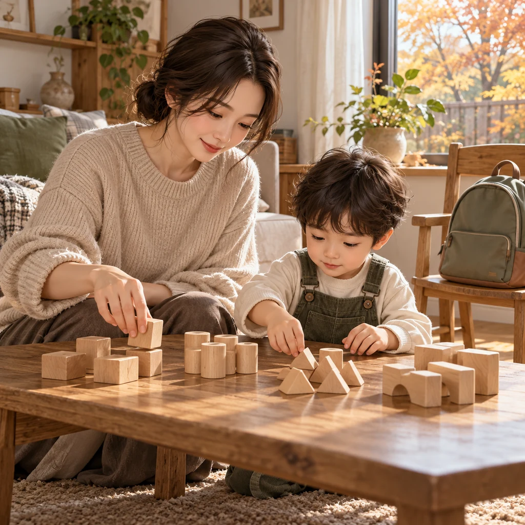 집에서 나무 블록을 정리하며 유치원 생활을 준비하는 보호자와 아이의 개념 일러스트