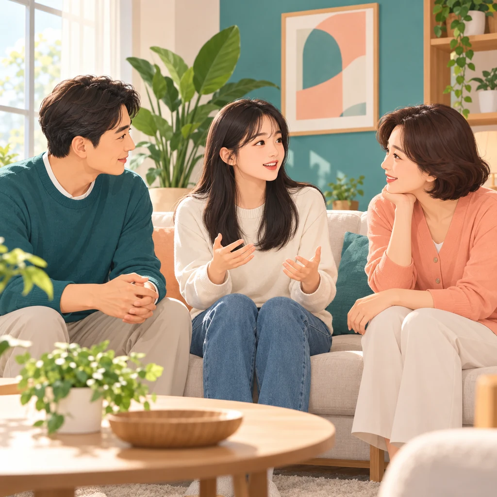 밝은 거실에서 진학 준비에 관해 대화하는 학생과 두 가족 구성원의 일러스트