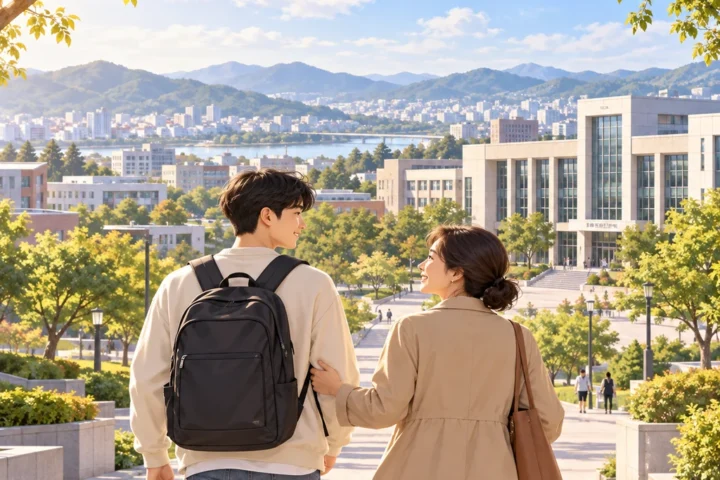 나무가 있는 대학 캠퍼스로 함께 걸어가는 신입생과 부모를 표현한 일러스트