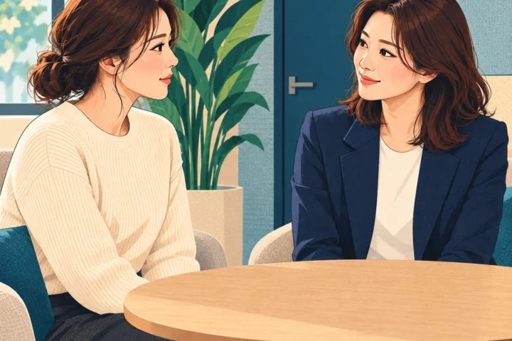 작은 사내 상담 공간에서 휴가 일정을 비공개로 의논하는 근로자와 인사 담당자의 개념 일러스트
