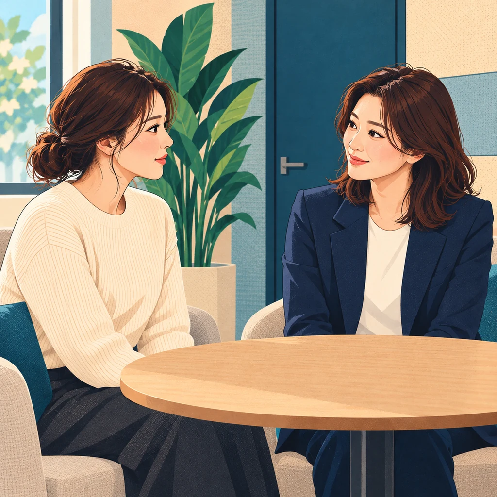 작은 사내 상담 공간에서 휴가 일정을 비공개로 의논하는 근로자와 인사 담당자의 개념 일러스트